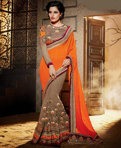 Orange & Brown Color Chiffon Designer Wedding Wear Sarees : Jasmit Collection  OS-92855