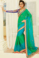 Green & Aqua Blue Color Chiffon Designer Embroidered Sarees : Avnira Collection  OS-92894