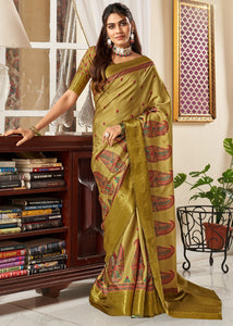 Mehndi Color Pure Sattin Casual Wear Saree  SY - 10176