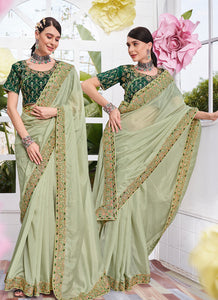 Light Green Color Satin Organza Casual Wear Saree  SY - 9232