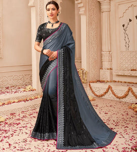 Grey & Black Color Raw Silk Designer Wedding Wear Sarees : Pakhudi Collection  OS-91537