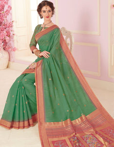 Green Color Cotton Silk Designer Function Wear Sarees : Gaurika Collection  OS-91428