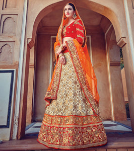 Cream & Red Color Art Silk Traditional Bridal Wear Lehenga Saree OS-95732