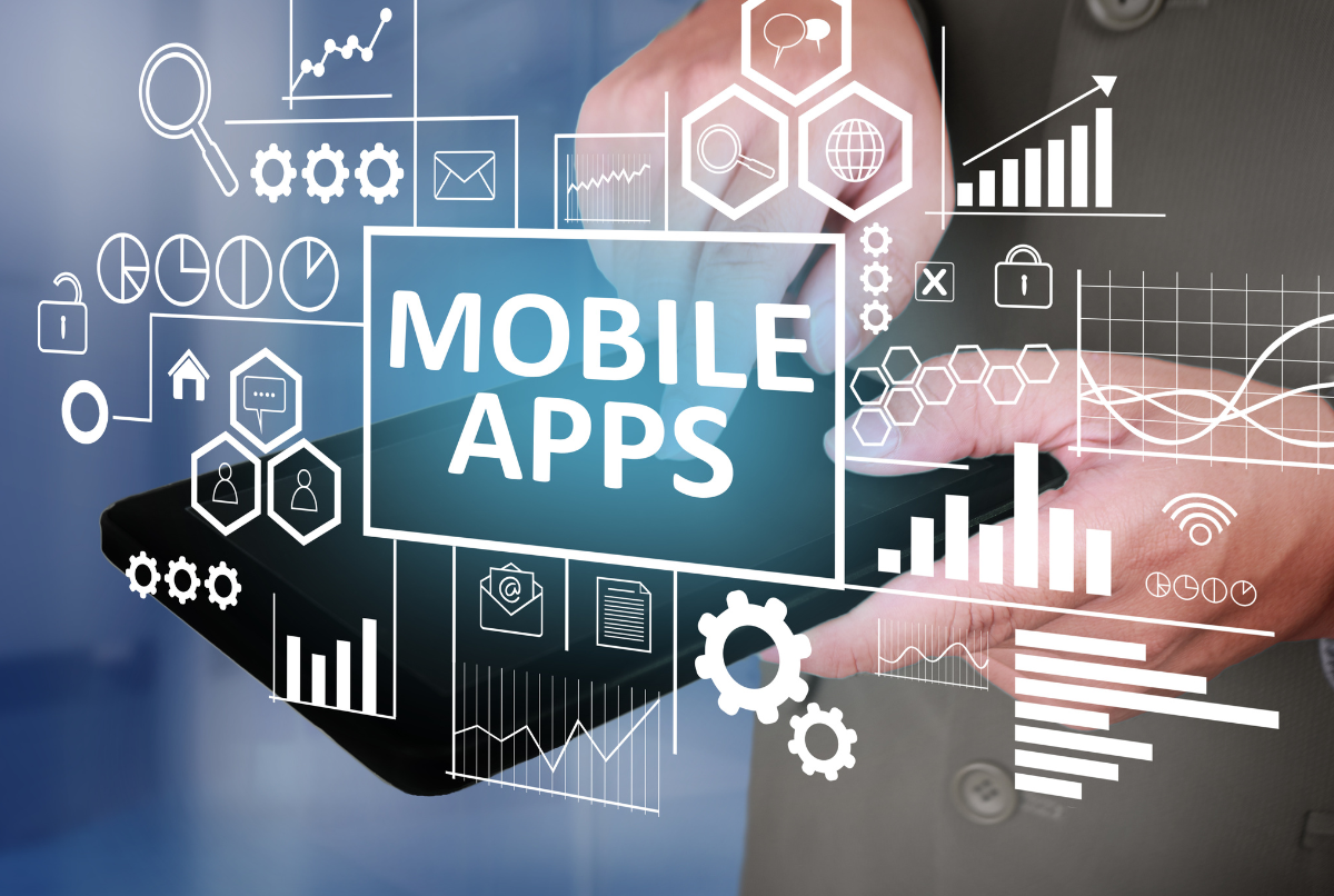 Tangan menyentuh hologram “Mobile Apps” di layar, mewakili cara menyembunyikan aplikasi secara aman