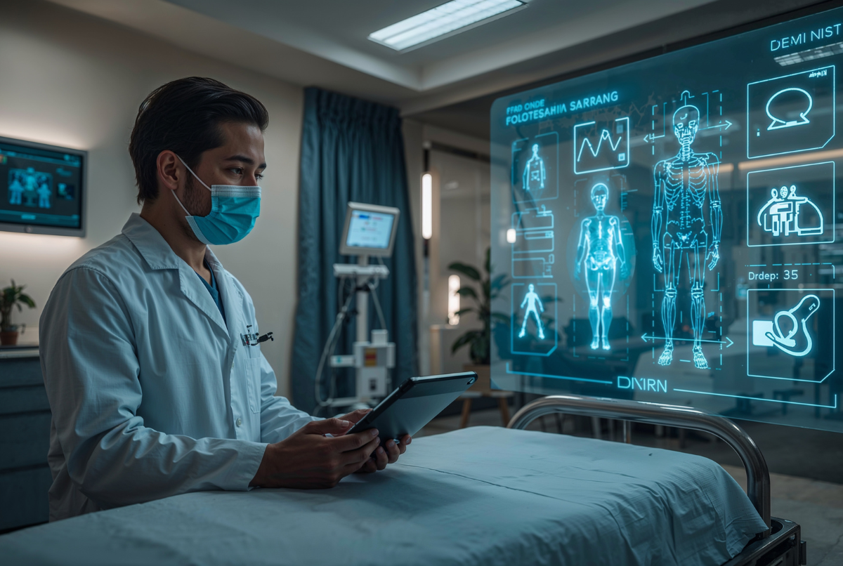 Dokter berdiskusi dengan sistem AI di ruang rumah sakit modern