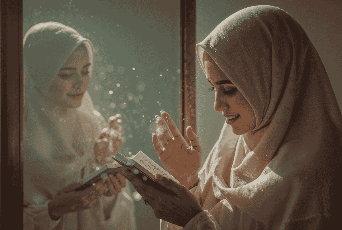 Seorang wanita berdoa di depan cermin untuk kecantikan wajah dari dalam dan luar