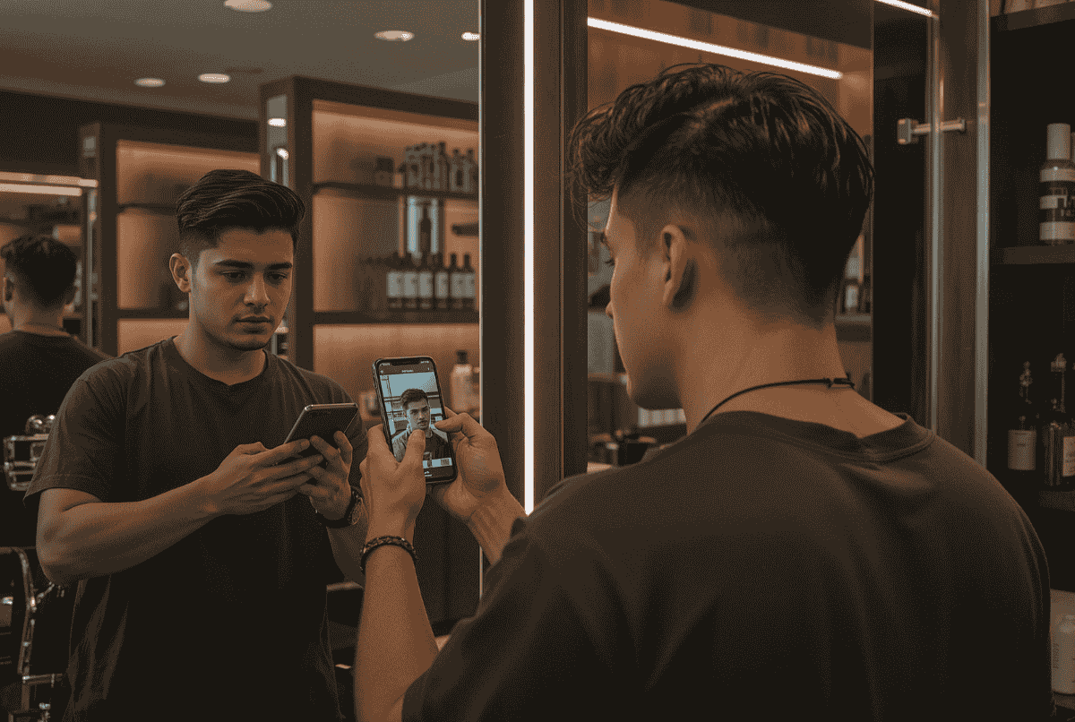 Pria Indonesia melihat gaya rambut di HP di depan cermin barbershop modern