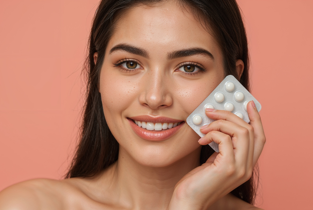 Harga pil kb kecantikan – wanita Indonesia tersenyum memegang blister pil, kulit glowing alami di latar pastel