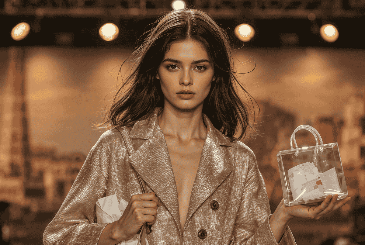 Model mengenakan busana couture berjalan di runway Paris Fashion Week 2025 dengan nuansa mewah dan lampu sorot dramatis.