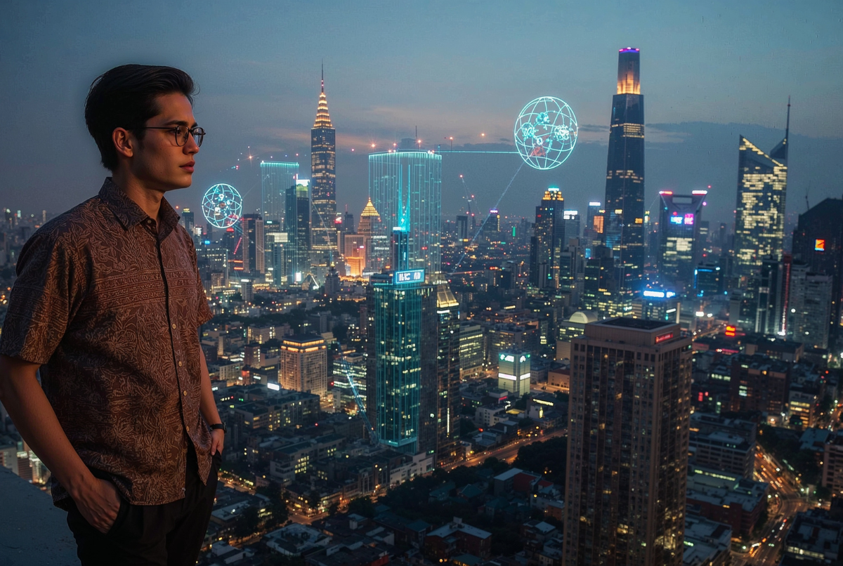 Insinyur Indonesia memandang skyline Jakarta futuristik bercahaya neon — rekayasa teknologi smart city