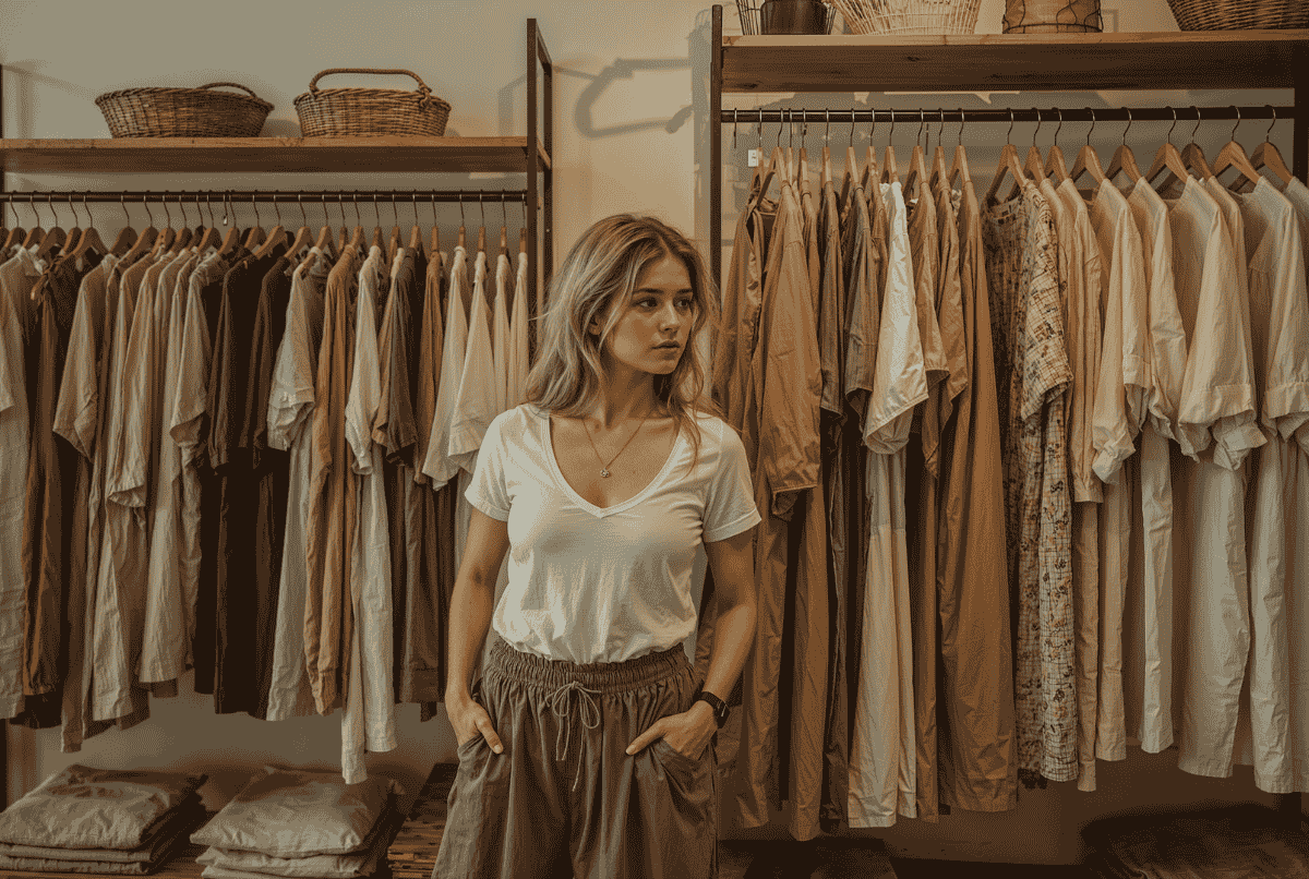 Wanita Indonesia sedang memilih pakaian handmade di butik slow fashion lokal