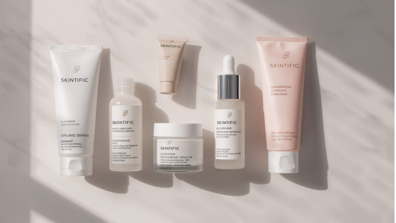 Rangkaian produk Skintific untuk atasi jerawat membandel di atas meja marble putih.