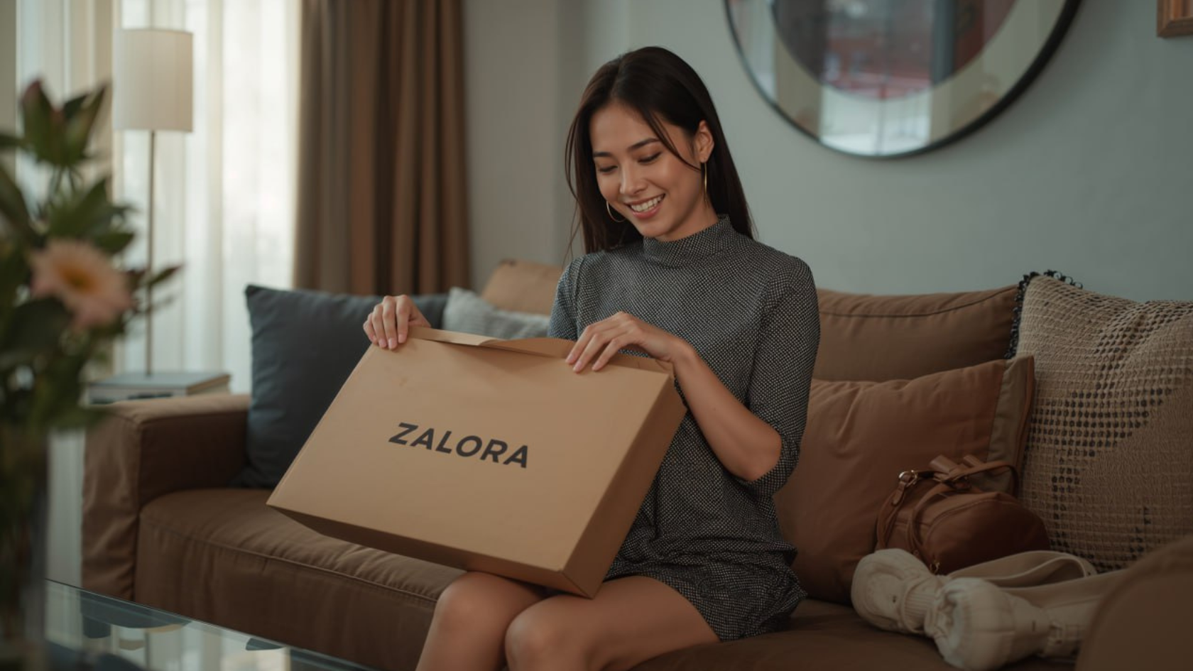 Wanita Indonesia membuka paket Zalora berisi dress, sneakers, dan tas fashion.
