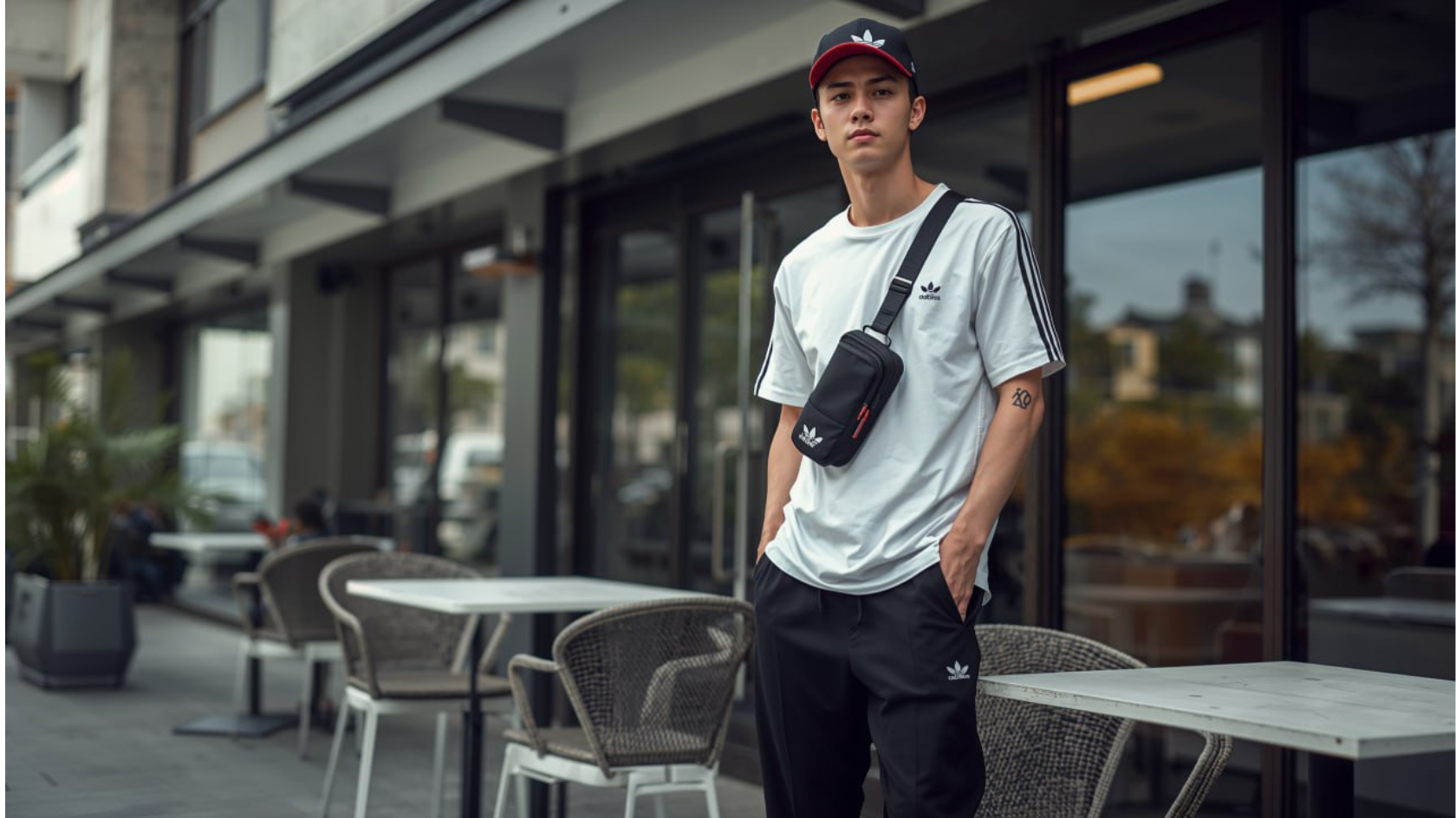 Pria muda Indonesia dengan outfit Adidas Indonesia kasual di kafe outdoor