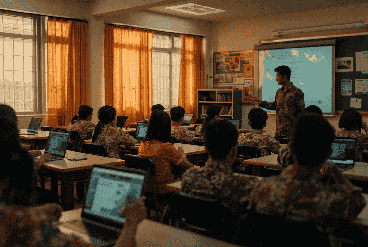 Siswa Indonesia belajar menggunakan laptop dan tablet dengan guru di kelas modern.