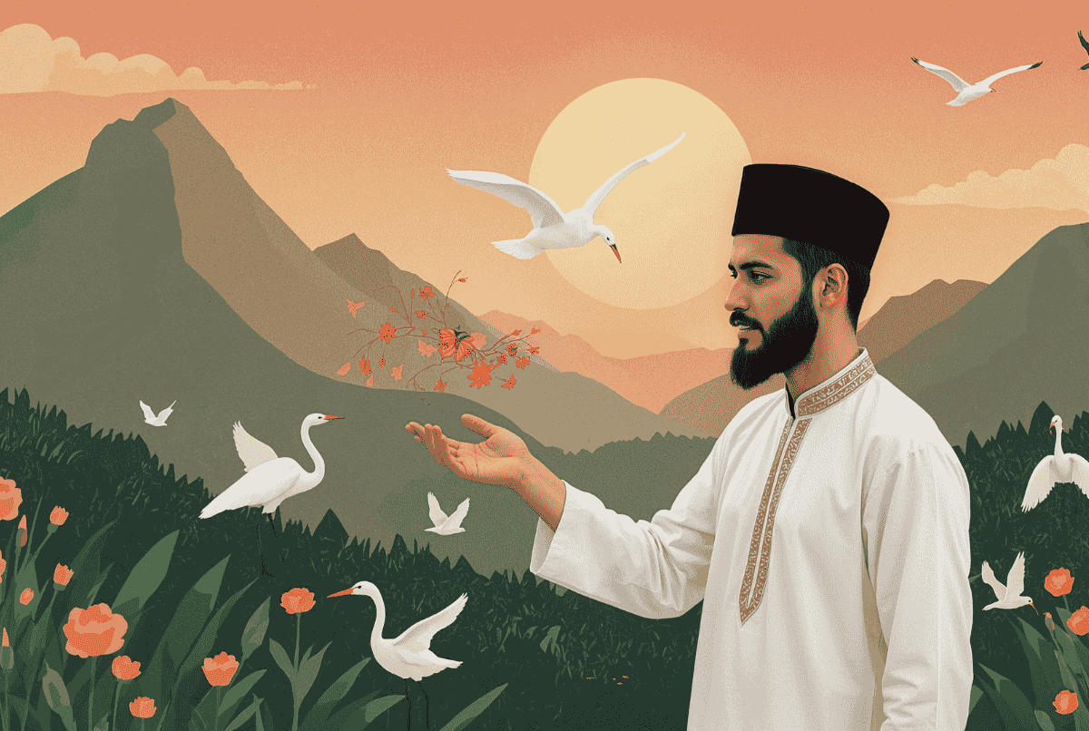 Muslim sedang membaca doa diberi kesehatan di pagi hari menghadap cahaya matahari.