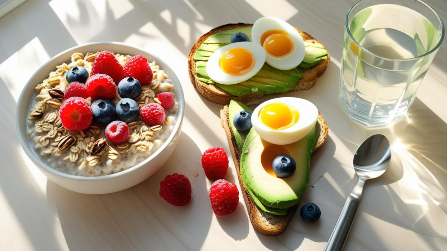 Sarapan sehat dengan oatmeal, buah segar, telur rebus, dan lemon water.