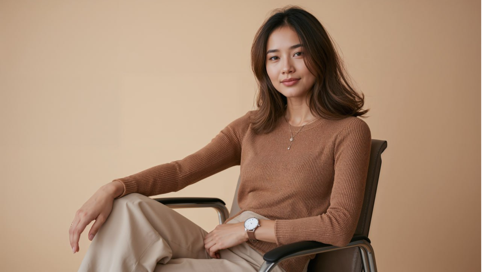 Outfit kantor knitwear earth tone dengan celana high waist.