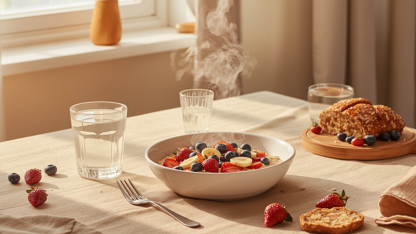 Sarapan sehat dengan oatmeal buah dan roti gandum