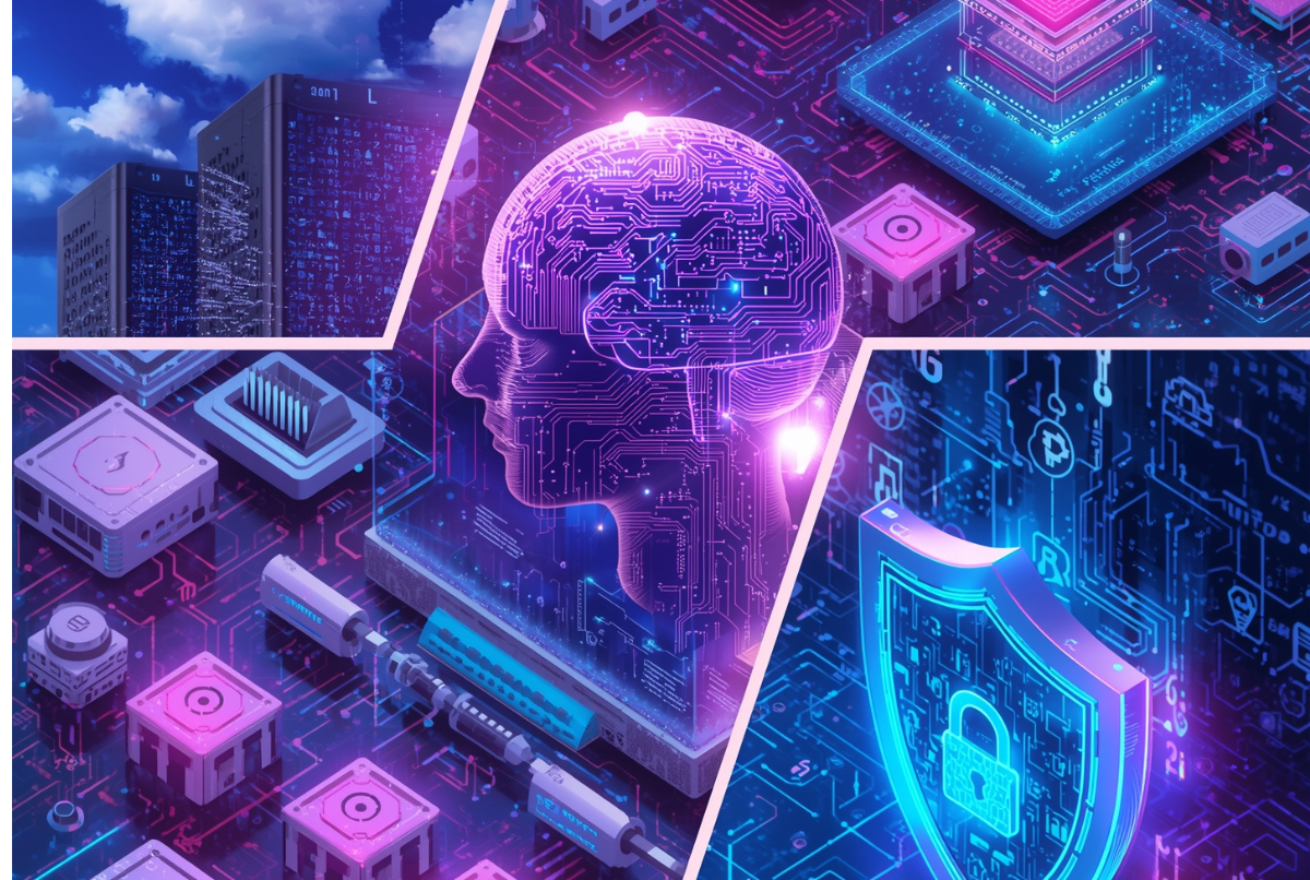 Futuristic city dengan teknologi informasi canggih, AI, dan IoT terhubung