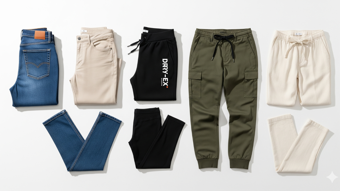 Koleksi 6 celana Uniqlo Indonesia terbaru dengan gaya minimalis flatlay.