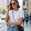 Wanita bergaya kasual dengan aksesoris fashion kacamata hitam, jam tangan, kalung tipis, dan tas kecil.