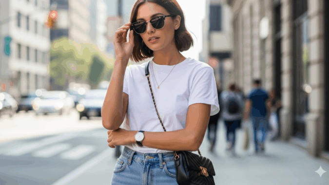 Wanita bergaya kasual dengan aksesoris fashion kacamata hitam, jam tangan, kalung tipis, dan tas kecil.