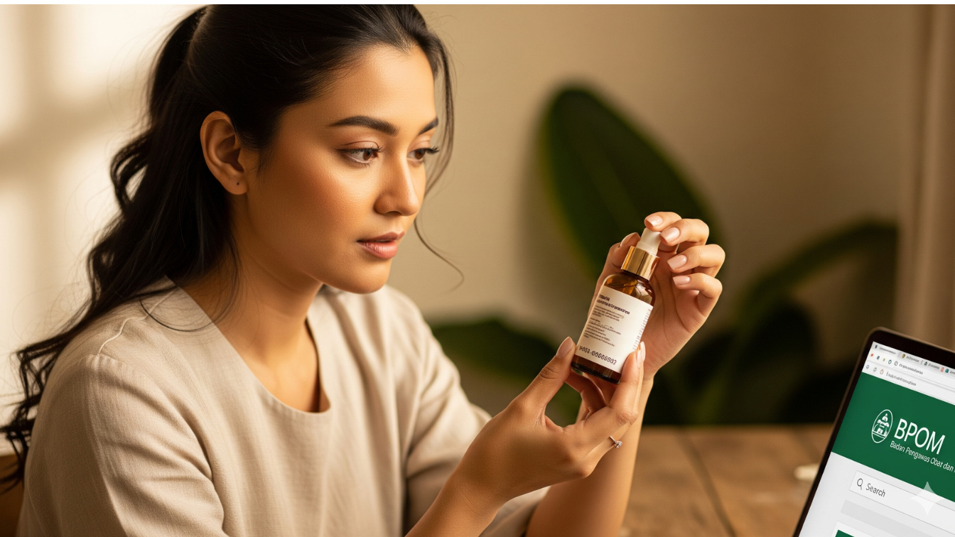 Wanita sedang cek BPOM skincare di kemasan produk.