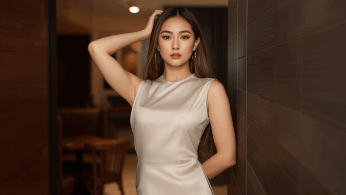 Wanita Indonesia mengenakan dress simple beige di kafe modern dengan gaya elegan.