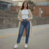 Fashion untuk tubuh mungil, wanita petite memakai jeans high-waist, kaos tucked-in, sneakers ramping, dan cardigan panjang.