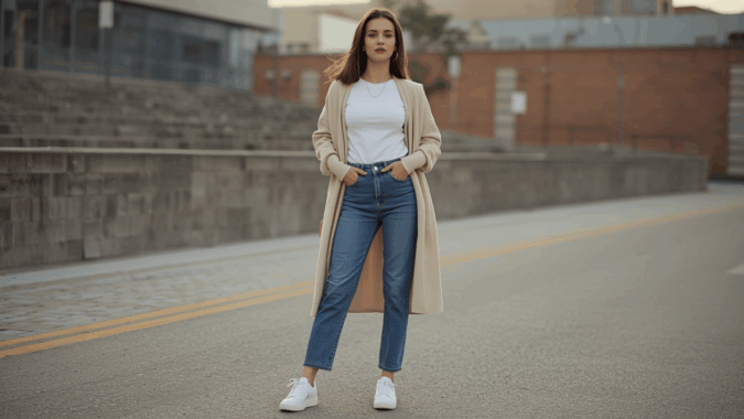 Fashion untuk tubuh mungil, wanita petite memakai jeans high-waist, kaos tucked-in, sneakers ramping, dan cardigan panjang.