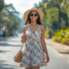 Wanita muda memakai dress katun floral dan topi anyaman berjalan di bawah sinar matahari musim panas.