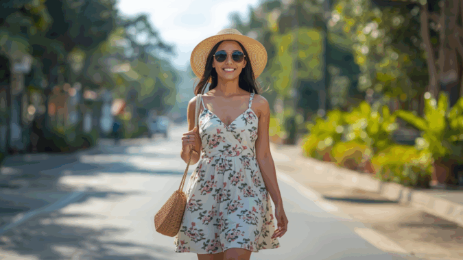 Wanita muda memakai dress katun floral dan topi anyaman berjalan di bawah sinar matahari musim panas.