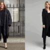 Perbandingan sebelum dan sesudah fashion styling, dari pakaian oversized ke outfit fitted monokrom.