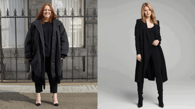 Perbandingan sebelum dan sesudah fashion styling, dari pakaian oversized ke outfit fitted monokrom.