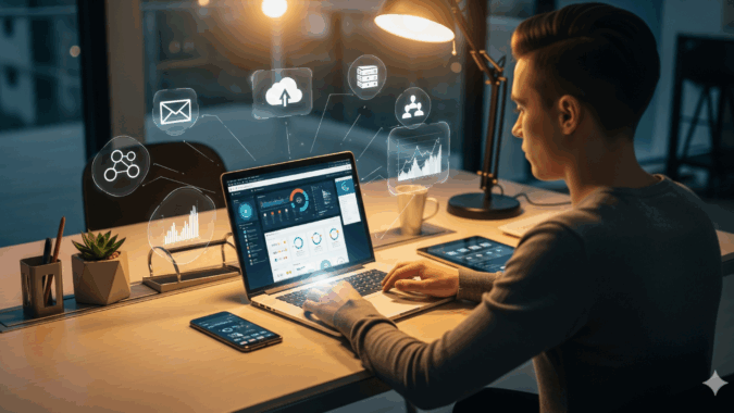 Apakah Gaya Hidup Digital Bikin Kita Lebih Produktif? Pekerja muda dengan laptop, smartphone, dan ikon digital melayang.