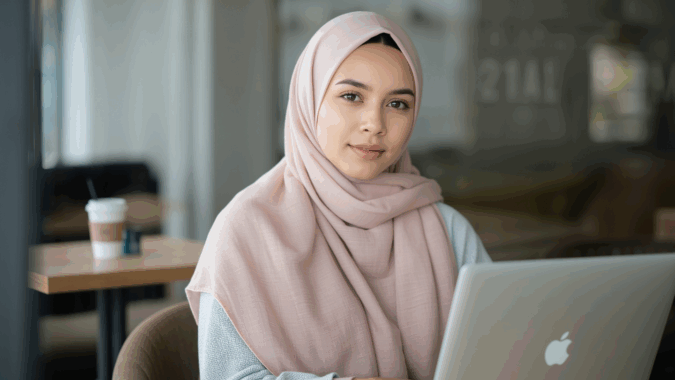 wanita berhijab pashmina simple pastel di kafe modern