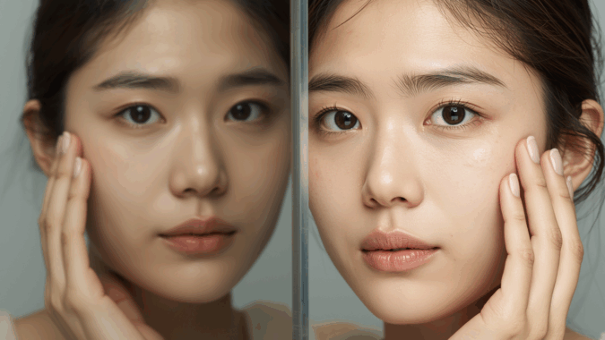 5 Kebiasaan Sepele Perusak Kecantikan Wajah Perbandingan wajah kusam dan glowing sebelum dan sesudah merawat kecantikan.