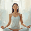 Wanita Indonesia bermeditasi dengan kulit sehat glowing di ruangan terang.