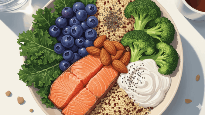 Mangkuk superfood berisi blueberry, kale, salmon, quinoa, almond, chia seed, brokoli, dan yogurt Yunani.