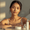 Wanita Indonesia dengan kulit glowing alami sedang melakukan skincare di meja rias.