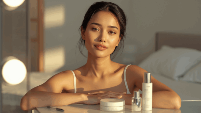 Wanita Indonesia dengan kulit glowing alami sedang melakukan skincare di meja rias.