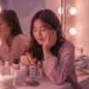wanita korea sedang melakukan perawatan kulit wajah malam hari dengan produk skincare