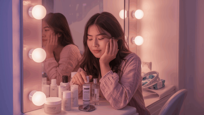 wanita korea sedang melakukan perawatan kulit wajah malam hari dengan produk skincare