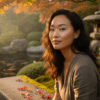 Wanita Asia duduk di taman tradisional Jepang dengan cahaya matahari.