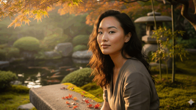 Wanita Asia duduk di taman tradisional Jepang dengan cahaya matahari.