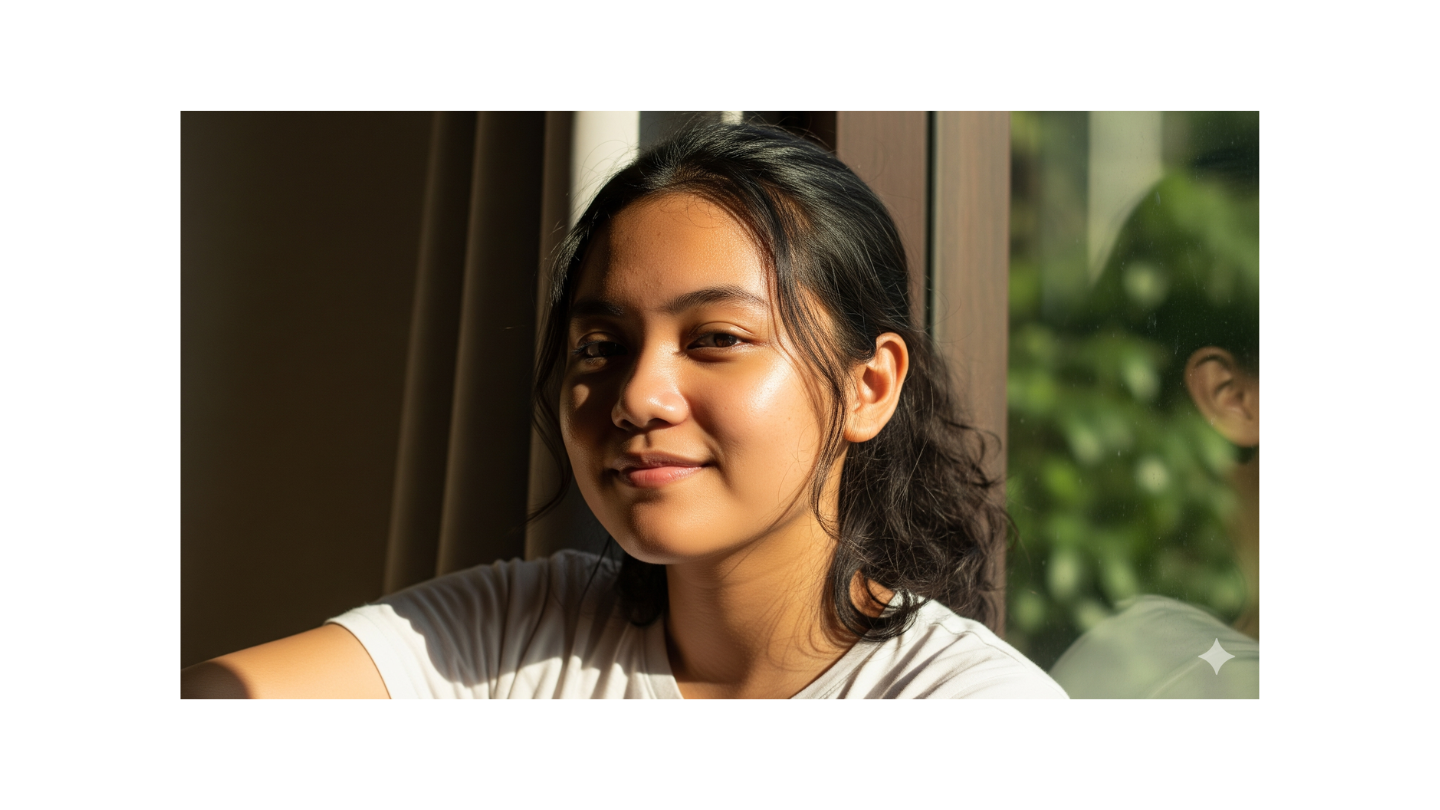 Wanita Indonesia dengan kulit glowing alami tanpa makeup duduk santai di dekat jendela.
