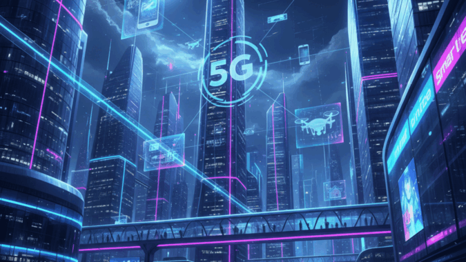 Sebuah kota pintar futuristik di malam hari dengan ikon holografik 5G yang bersinar, menghubungkan berbagai perangkat dan kendaraan.