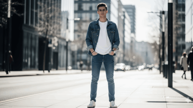 Pria dengan gaya tren fashion simpel memakai kaos putih, jeans, dan jaket denim.