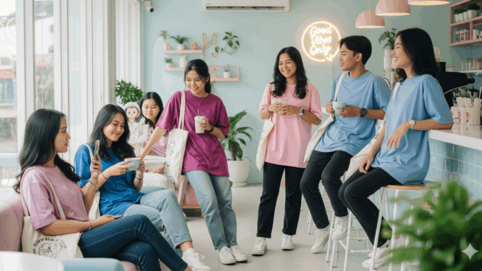 Apa Tren Fashion Remaja yang Lagi Viral? Remaja Indonesia bergaya kasual dengan oversized t-shirt, sneakers putih, dan tote bag di kafe modern.
